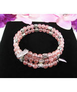 Vintage HEART CHARMS WRAP BRACELET Beaded PINK Glass LEAF BEADS Silverto... - $17.81