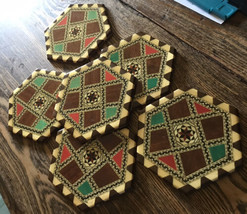 Wood Marquetry Inlay Mosaic Type Coaster Set Moroccan Style Hexagon Set of 6 - £18.82 GBP