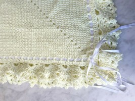 Baby Blanket Afghan Hand Knit Crocheted Soft Yellow with White Ribbon Homemade - £29.84 GBP