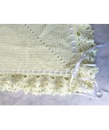 Baby Blanket Afghan Hand Knit Crocheted Soft Yellow with White Ribbon Ho... - $37.95