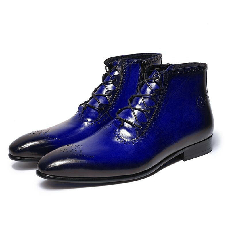 Two Tone High Ankle Boots Blue Black Premium Quality Leather Brogues Toe Laceup