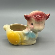 Vtg 1950s Shawnee 5&quot; Ceramic Sleeping Baby Lamb/Sheep Planter Pink Yellow Blue - £15.76 GBP