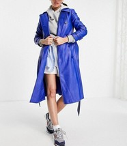 Women designer blue leather jacket long trench overcoat - $279.99