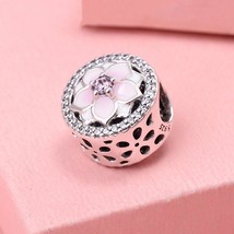 925 Sterling Silver Magnolia Bloom Charm With Pale Cerise Enamel &amp; Pink CZ Charm - £13.25 GBP