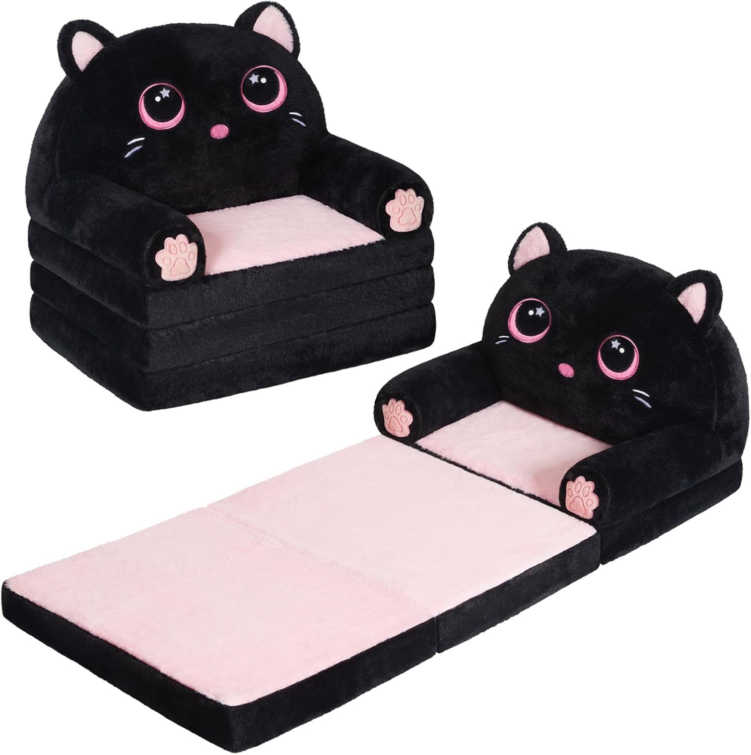 Kids Couch Fold Out, Velvet 2-In-1 Flip Open Couch For, Black &amp; Pink Kitty - $51.93