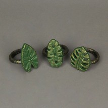 Scratch &amp; Dent Set of 3 Green Bronze Cast Iron Tropical Leaf Napkin Rings - $20.59