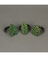 Scratch &amp; Dent Set of 3 Green Bronze Cast Iron Tropical Leaf Napkin Rings - £16.13 GBP