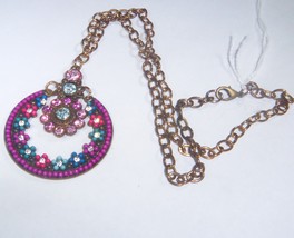 Necklace Chain Pendant Bronze Tone Pink Blue Flowers 18&quot; Upcycled Lobster Clasp - £4.32 GBP