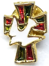 White Peace Dove Cross Christmas Pin Green Red Gold Vintage - £9.50 GBP