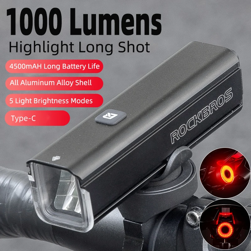 ROCKBROS 1000LM Bike Light Front Lamp Type-C Rechargeable LED 4500mAh Bicycle - £24.02 GBP+