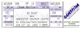 No Doubt Concert Ticket Stub October 20 220 Worcester Massachusetts - £19.63 GBP