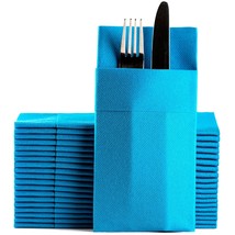 Blue Dinner Napkins Cloth Like With Built-In Flatware Pocket, Linen-Feel... - £39.08 GBP
