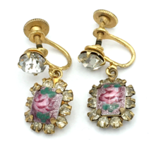 ROSE guilloche enamel screw-back dangle earrings - vintage rhinestone ha... - $20.00