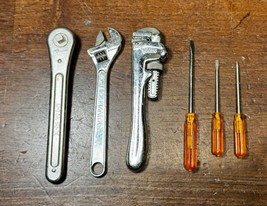 6 Vtg 1960's Marx Toy Tools ~ 3 screwdrivers, pipe, crescent & socket wrenches - $25.00