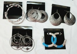 Fashion Earrings Hoops &amp; Dangles 5 Pair Silver Blue &amp; Black Metallic New #6 - £18.44 GBP