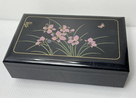 Black Lacquer Jewelry Box Musical Red Interior 8.25 By 5 Inches made in ... - $16.36