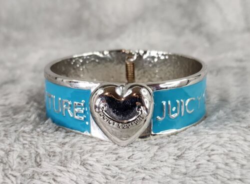 Primary image for Juicy Couture Bracelet Womens Turquoise Silver Tone Heart Bold Hinged Bangle