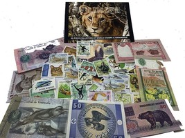 Wildlife 50 Piece Stamp &amp; Banknote Collection in a Clear box With COA~Awesome - £35.40 GBP