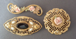 Vintage 1928 Brooch Pin Lot Porcelain Rose Faux Pearl Onyx 3 Pc Victorian Style - £25.99 GBP