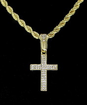 Iced CZ Cross Pendant Hip Hop Fashion 14k Gold Plated w/ 24&quot; Rope 4mm Chain - £7.52 GBP