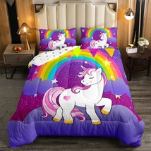 Girls Unicorn Comforter Set Twin Girls Bedding Set Cute Rainbow Unicorn Print Do - £52.41 GBP