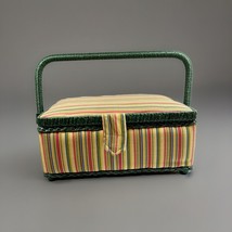 Vintage Multi-Striped Fabric Sewing Basket Box W/ Woven Handle Yellow Green - £19.58 GBP