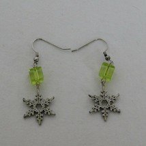 Handmade Hook Earrings Greenish Yellow Bead Silver Toned Fashion Snowflake Charm - £6.15 GBP