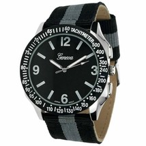 NEW Geneva 2911 Men&#39;s Black Analog Dial Grey &amp; Black Striped Canvas Sport Watch - £15.44 GBP