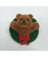 Vintage Fuzzy Teddy Bear  In Christmas Wreath Lapel Hat Pin - $5.45