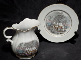 Currier &amp; Ives RARE 6&quot; Water Pitcher &amp; Plate AVON REPRESENTATIVE EXCLUSI... - $26.38