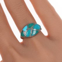 sz6.25 Vintage Zuni fishscale turquoise channel inlay silver ring - £71.39 GBP