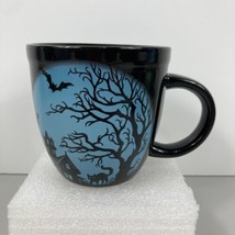 Harry &amp; David Halloween Coffee Cup Mug Black Blue Haunted House Cat Bats Tree - £14.19 GBP