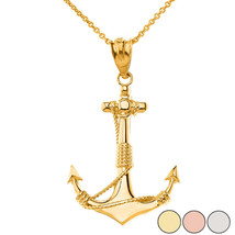 14K Solid Gold Classic Nautical Anchor Rope Pendant Necklace Yellow, Rose, White - £142.29 GBP+