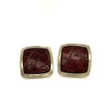 Vintage Signed Sterling Labelle Square Red Leather Clip On Earrings - £59.34 GBP