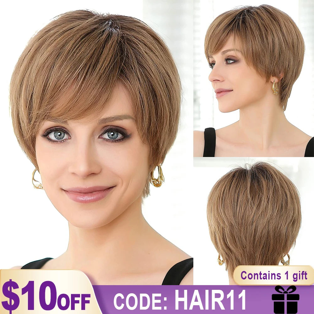 HD Lace Frontal Wig Glueless Human Hair Short Pixie Cut Wigs with Side B... - £117.02 GBP