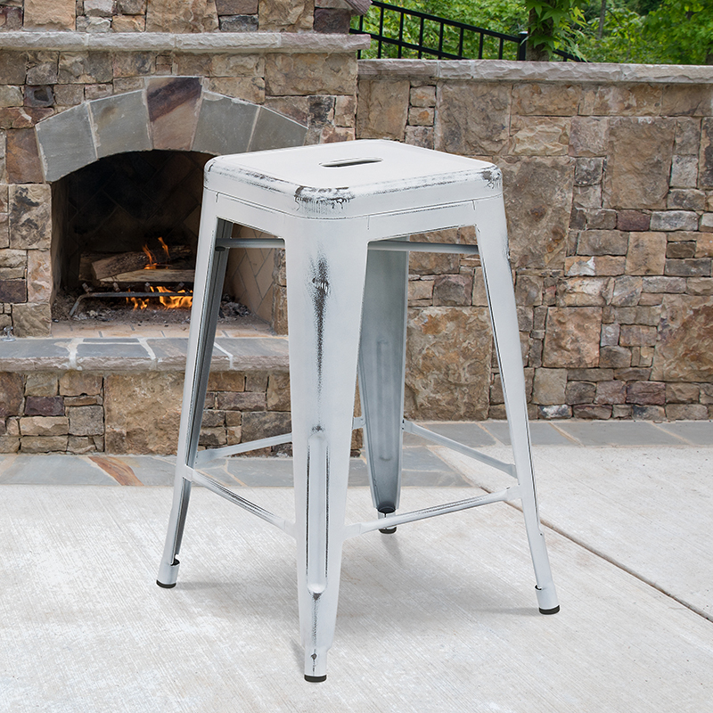 Distressed White Metal Stool ET-BT3503-24-WH-GG
