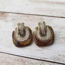 Vintage Clip On Earrings - Brown, Gold Tone, Clear Gem Statement - $15.99