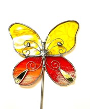 Yellow and Orange Butterfly Stained Glass Garden Art Stake - £35.39 GBP