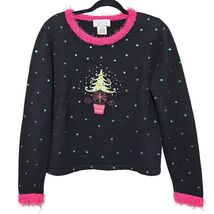Vintage Mandal Bay Ugly Christmas Sweater S Black Sequin Tree Fuzzy Pink... - $18.99