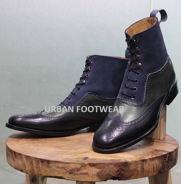New Handmade Men's Grey & Black Leather & Blue Suede High Ankle Lace Up Boots