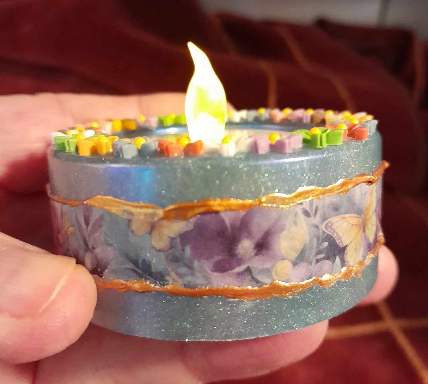 Handcrafted Mixed Media Tealight Candle Holder Decor Small Spaces Shelf ... - $3.95