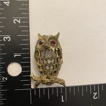 Gold Town Owl Brooch VTG Red Eyes Sitting On Branch VTG Pin - $13.50