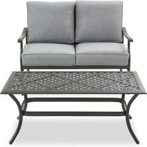 All-Weather 2-Person Cushioned Outdoor Sofa Bench With Coffee Table,, Grey). - £342.86 GBP