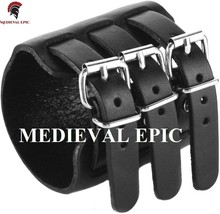 Mens Genuine Leather Wide Triple Strap Cuff Wrap Gauntlet Wristband Buckle Faste - £20.99 GBP