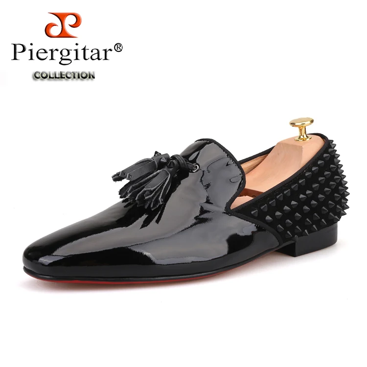 De black patent leather men tassel shoes fashion red bottom men s loafers spiked design thumb200