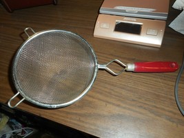 Strainer Red Wooden Handle Or Hand Sifter Mesh With Metal Frame Vintage - £8.04 GBP