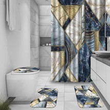 4 Pcs Blue Marble Shower Curtain Sets, Blue Gold Irregular Geometric Abs... - £26.58 GBP