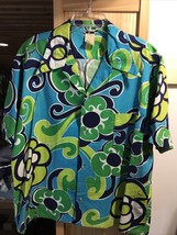 Vintage Men’s XL Blue Green Floral SS Button Down Hawaiian Shirt Made In Hawaii - £74.77 GBP