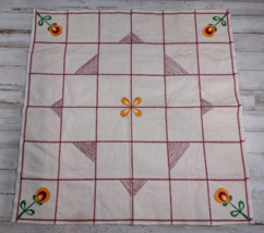 Vintage Embroidered Linen Square Table Topper Yellow Red Folk Flowers 23&quot; - £10.03 GBP