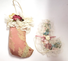 Victorian Christmas ornament Shabby Chic pink roses lace Candy Cane &amp; Stocking - £8.86 GBP